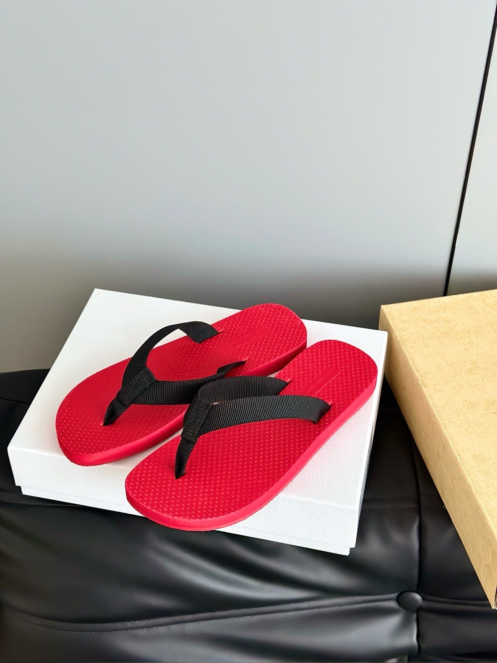 The Row Red Flip Flops with Black Straps